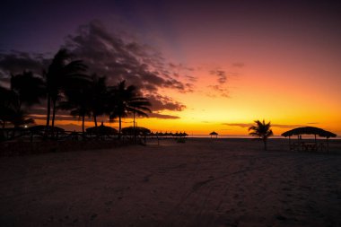 Tropik bir adada gün batımı, okyanusun üzerinde huzurlu bir gün batımı, panoramik manzara, palmiye ağaçları, yumuşak turuncu gökyüzü, yaz tatili, tatil. Sahilde yanan gökyüzü.