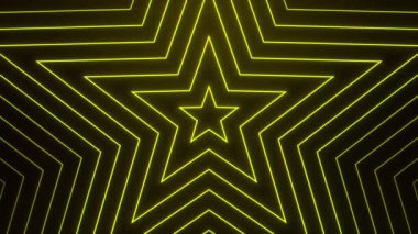 Sarı yıldız şekilleri oluşturan neon çizgilerle soyut bir arkaplan ve aynı zamanda yanıp sönen ışıklar.