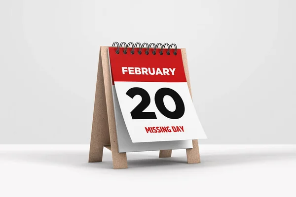 3d illustration of calendar with 20 February Calendar on white background. Valentine\'s week.  Missing Day.20th of February
