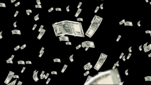 黒の背景に飛んでインドルピーの通貨ノート 500ルピー緑の通貨ノート — ストック動画