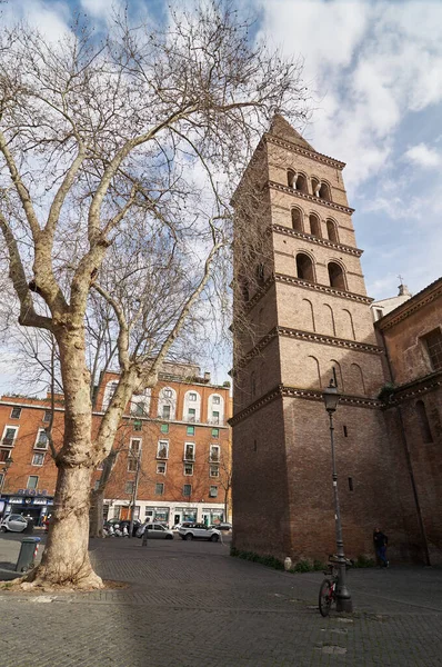 Πύργος Μιας Εκκλησίας Ένα Δέντρο Δίπλα Του Στην Περιοχή Trastevere — Φωτογραφία Αρχείου