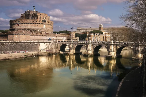 Panorama Der Burg Des Heiligen Engels Rom Und Die Brücke — Stockfoto