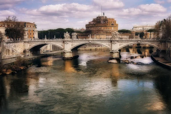 Panoramic Castle Saint Angel Rome Bridge Tiber River — Stock Photo, Image