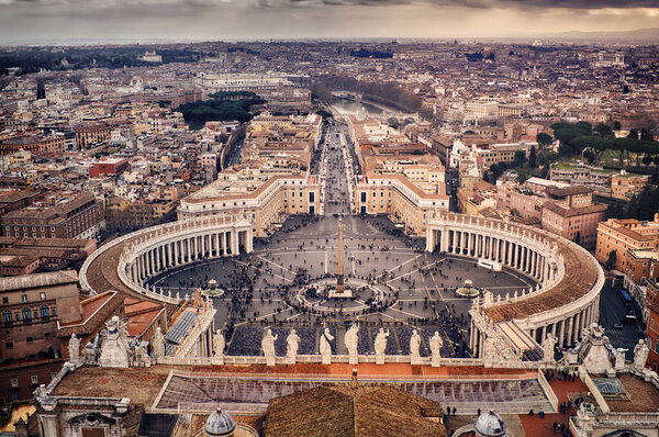 Panoramic view of Saint Peter square in Vatican city and view of Rome from above