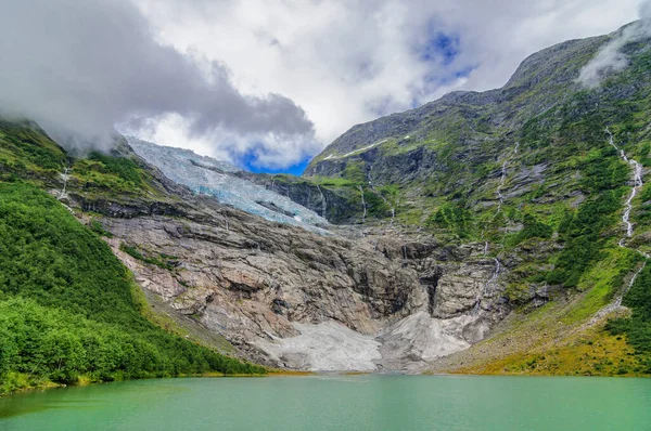 Glacier Ice Falling Mountain Next Fiord Norway Summer — Stock Photo, Image
