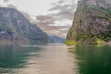 Norveç 'in kuzey Fiord manzarası yaz boyunca su ve bulutlu gökyüzünü çevreleyen yüksek uçurumlar