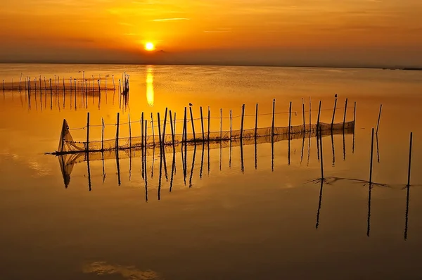 Valencia 'daki Albufera gölünde sıcak renklerle altın gün batımı, İspanya' da suda balık tuzakları.