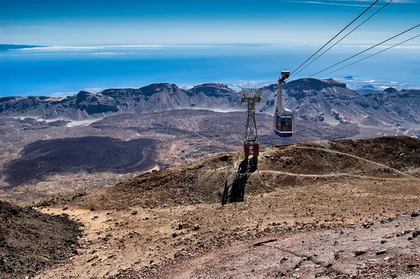 İspanya 'daki bir volkanın zirvesine ulaşmak için bir kablo Tenerife adasında arka planda volkanın eski krateriyle birlikte.