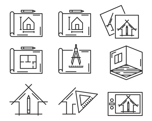 Разработка Архитектуры Дизайн Интерьеров Иконы Векторный План Дома Линейка Проектирование — стоковый вектор