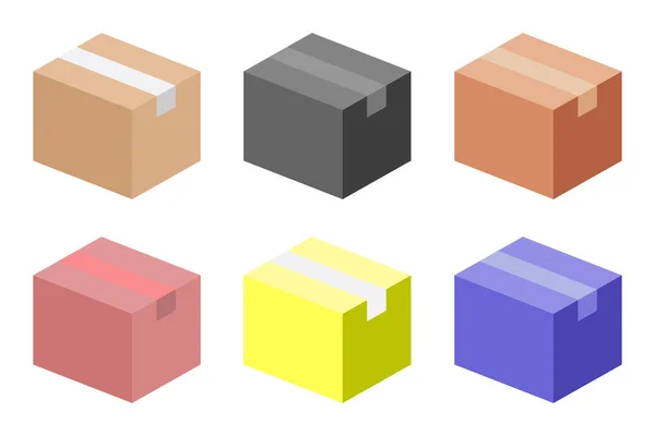 Seis Caixas Cores Diferentes Caixa Para Transporte Embalagem Entrega Ilustração — Vetor de Stock