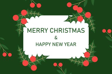 Mutlu Noeller ve mutlu yeni yıl afişleri. Yeşil, kırmızı, beyaz renklerde kış ormanı manzarası olan modern geometrik Xmas tasarımı. Yatay poster, tebrik kartı, site başlığı.