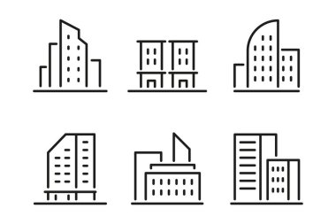 Binalar çizgisi simgeleri. Şehir binalarının vektör illüstrasyonu.