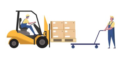 Forklift kamyonu ve adam sürücüsü. Vektör İllüstrasyonu