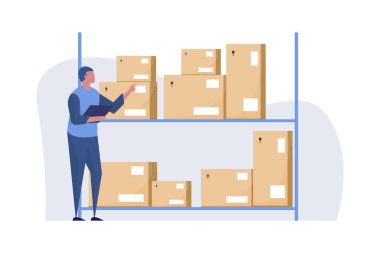 Nakliyeden önce envanterleri kontrol et. Depo çalışanı, raflardaki envanter seviyelerini kontrol ediyor. vektör illüstrasyonu