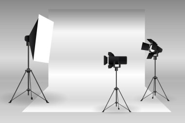 Fotoğraf stüdyosu vektörü. Fotoğraf stüdyosu beyaz arka plan yumuşak ışık kutusu ile