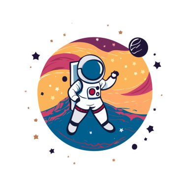Uzay giysisindeki astronot uzayda gezegenlerin ve yıldızların yanında uçuyor. Vektör illüstrasyonu EPS 10