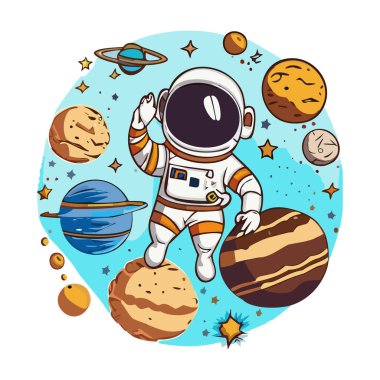 Uzay giysisindeki astronot uzayda gezegenlerin ve yıldızların yanında uçuyor. Vektör illüstrasyonu EPS 10