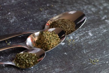 Siyah arka planda baharatlı ve otlu kaşıklar. Yemek ve yemek malzemeleri..