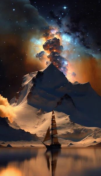 Зимовий Краєвид Гір Озер Зоряного Неба Міжзоряних Хмар — стокове фото