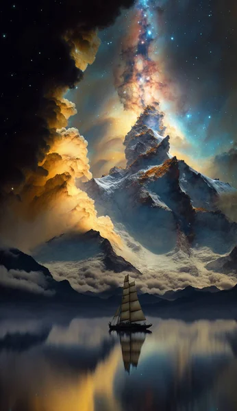美しい空 星雲で冬の湖を航海する — ストック写真