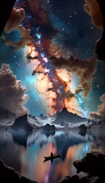 星空の天の川銀河の星雲 洞窟からの湖の景色 — ストック写真