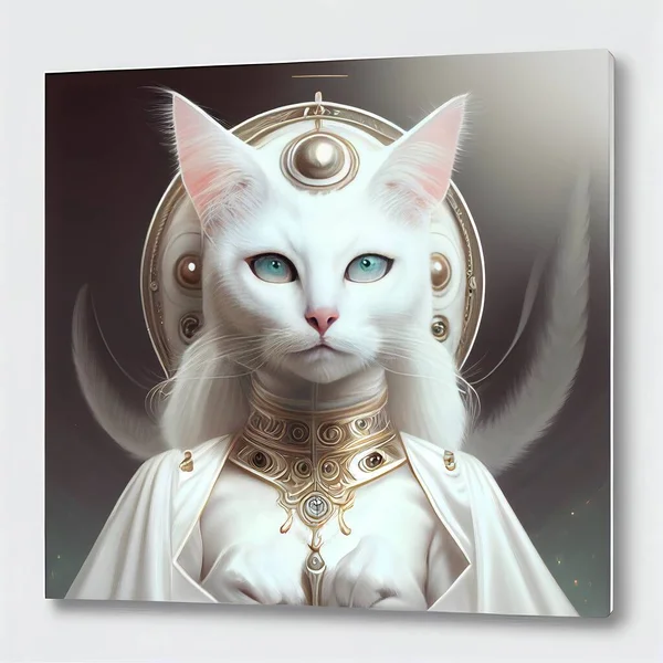 A picture of a white cat in an alien royal attire.