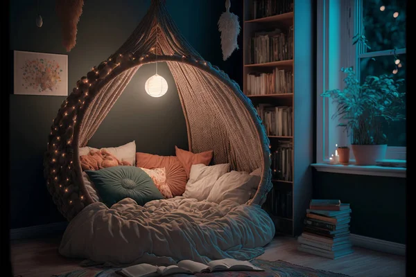 本と小さなソファ付きの居心地の良い読書室内 — ストック写真