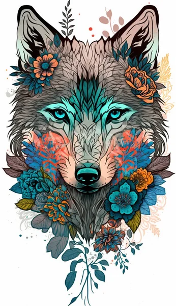 Cute wolf head in flowers