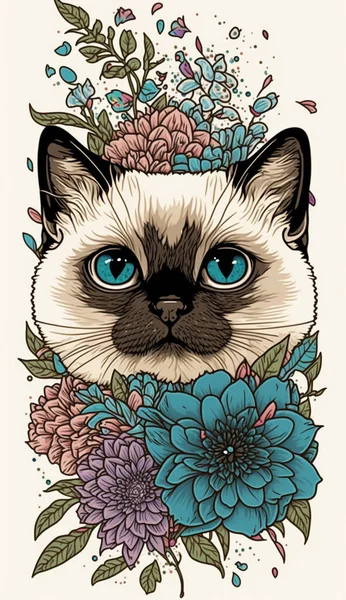 Cute cat head in flowers