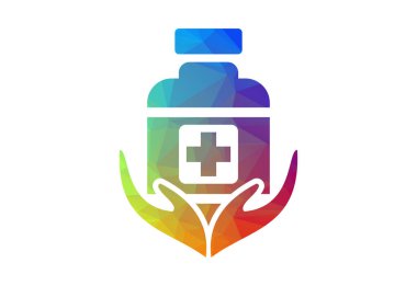 Düşük Poli ve Sağlık, Tıbbi şişe logosu tasarımı, Vektör tasarım şablonu