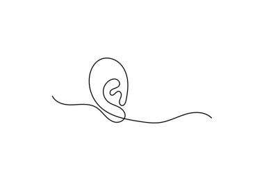 Beyaz arkaplanlı, sürekli insan kulağı çizimi, Vektör illüstrasyonu