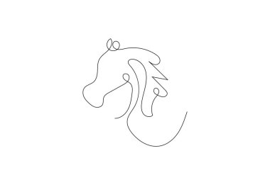 Horse Head aralıksız çizim tasarımı yapıyor. Güzel at minimalist siyah çizgisel çizimi beyaz arka planda izole edilmiş. Vektör illüstrasyonu