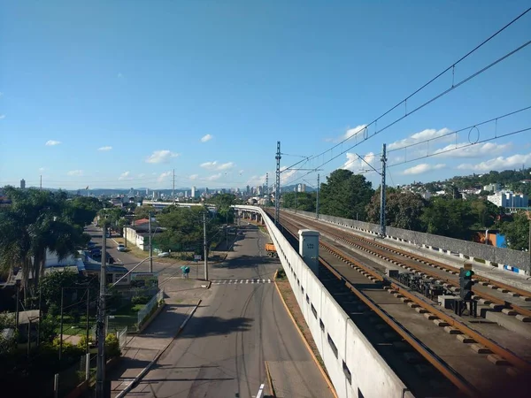 Top View Street Railway Track City Background Blue Sky — Zdjęcie stockowe