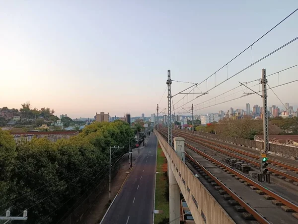 Top View Street Railway Track City Background Blue Sky — Stockfoto