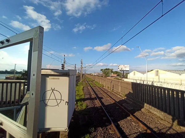 Train Line River Mirror Anarchist Symbol Graffiti Blue Sky — Stock Photo, Image