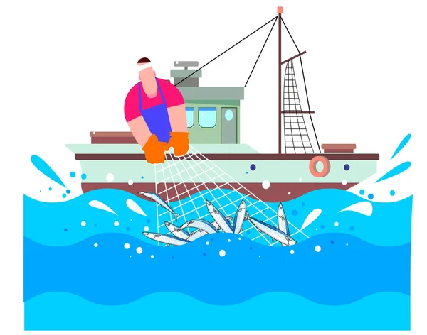 漁師は漁船の網で魚を捕まえる — ストックベクタ