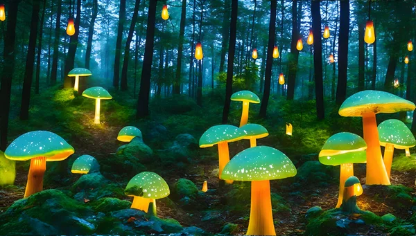 Cogumelos Brilhantes Mágicos Floresta — Fotografia de Stock