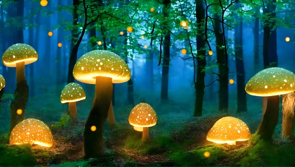 Cogumelos Brilhantes Mágicos Floresta — Fotografia de Stock