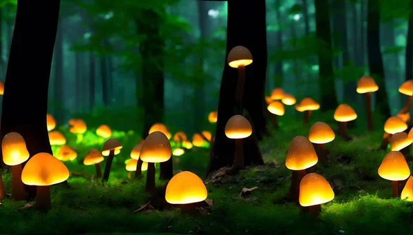 Maagiset Hehkuvat Sienet Metsässä — kuvapankkivalokuva