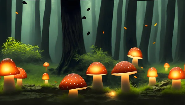 Magical Glowing Mushrooms in the Forest