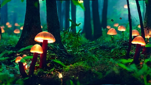 Magical Glowing Mushrooms in the Forest