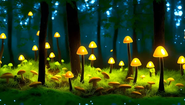 Волшебные Светящиеся Грибы Лесу — стоковое фото