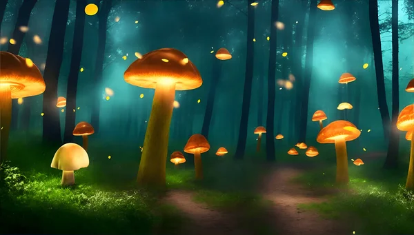 Champignons Lumineux Magiques Dans Forêt Photo De Stock