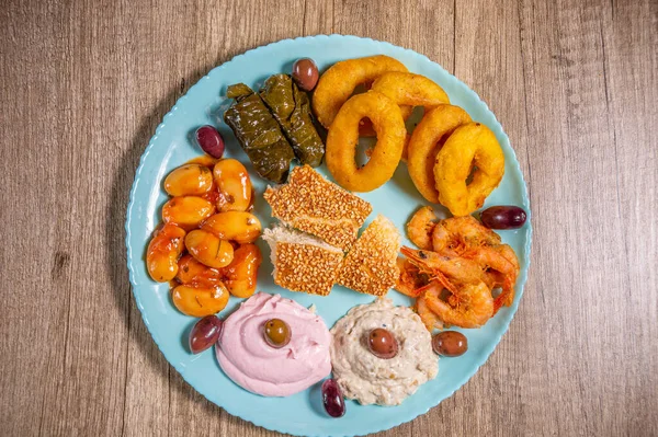 Greek traditional fasting food .Olives,beans,seafoods,traditional salads and bread lagana