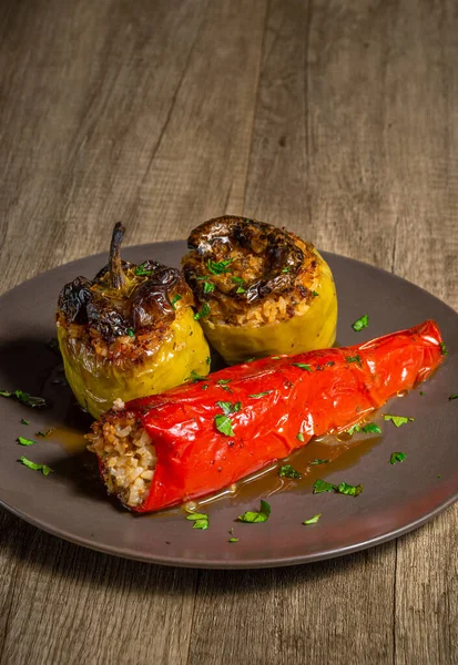 Greek traditional gemista, stuffed peppers with meat and rice