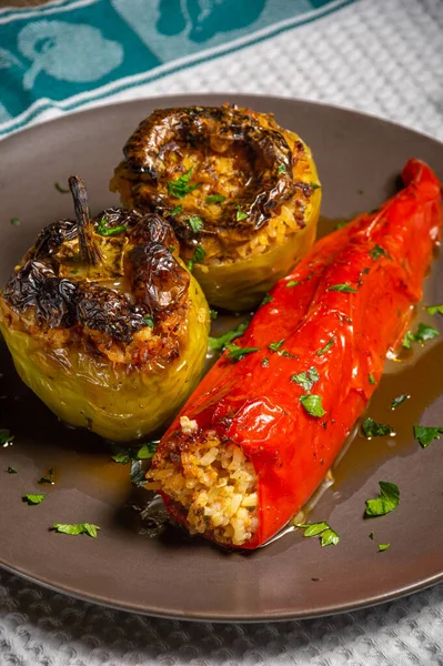 Greek traditional gemista, stuffed peppers with meat and rice