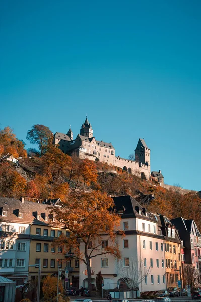 Altena Castle Burg Altena in Sauerland Germany is a famous Landmark monument in the Lenne Valley and Mediaval Sight with First Youth Hostel of the World on a sunny colorful autumn day