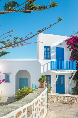 Tipik Kiklad mimarisi, Folegandros Adası 'nda mavi pencereli ve yaz çiçekli Yunan beyazı yıkanmış evi. Yunanistan