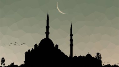 Caminin silueti ve hilal ay. Soyut arkaplanda düz çizim
