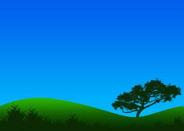 Yeşil tepedeki ağaç mavi gökyüzü arkaplan resimli. Yeşil çimen çizgi film tepeleri siluet ve yaz gökyüzü